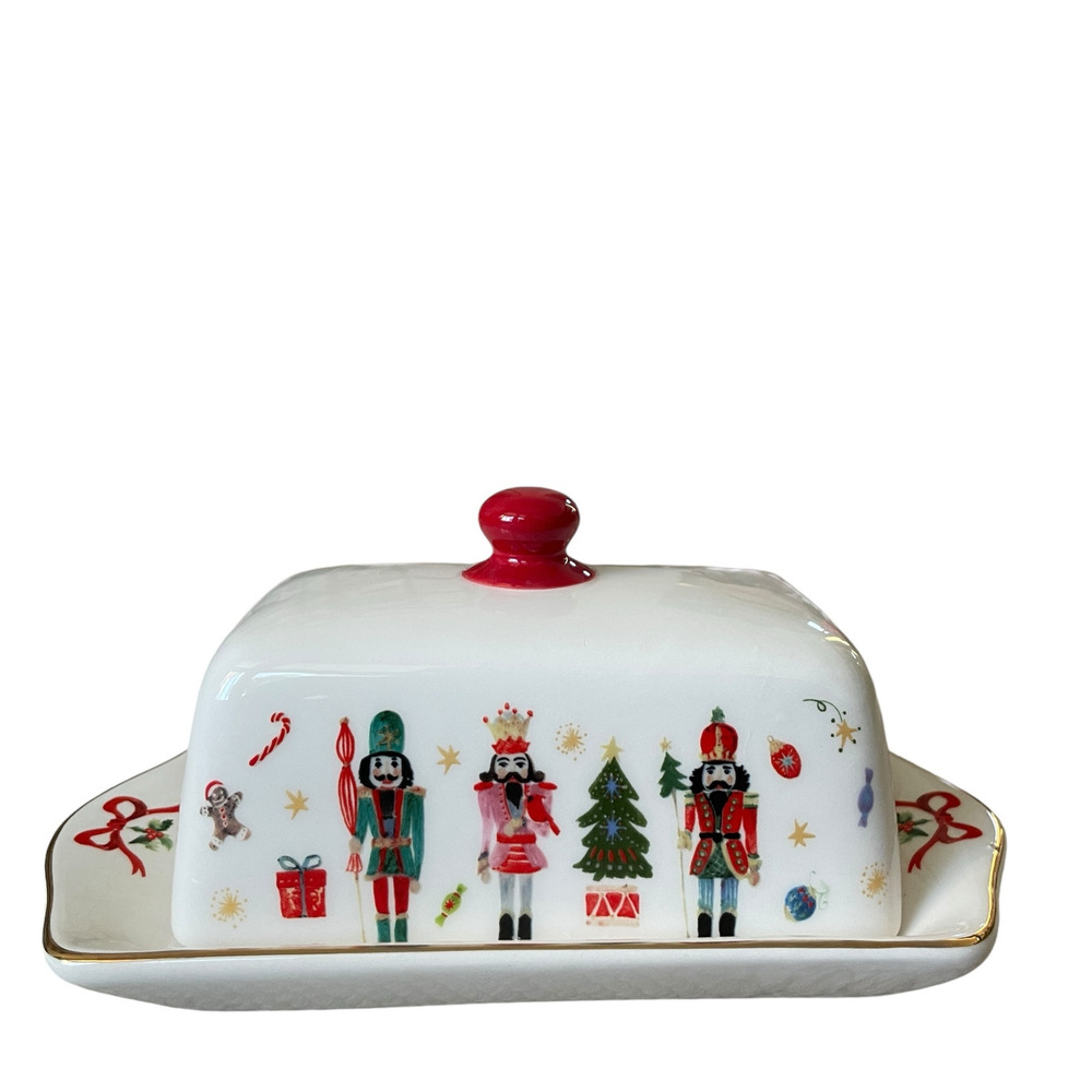 Christmas Nutcracker Covered Butter Dish Holiday Bow Collection Red White NEW